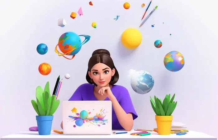 Creative Thinking Girl with Laptop Cartoon 3D Art Illustration